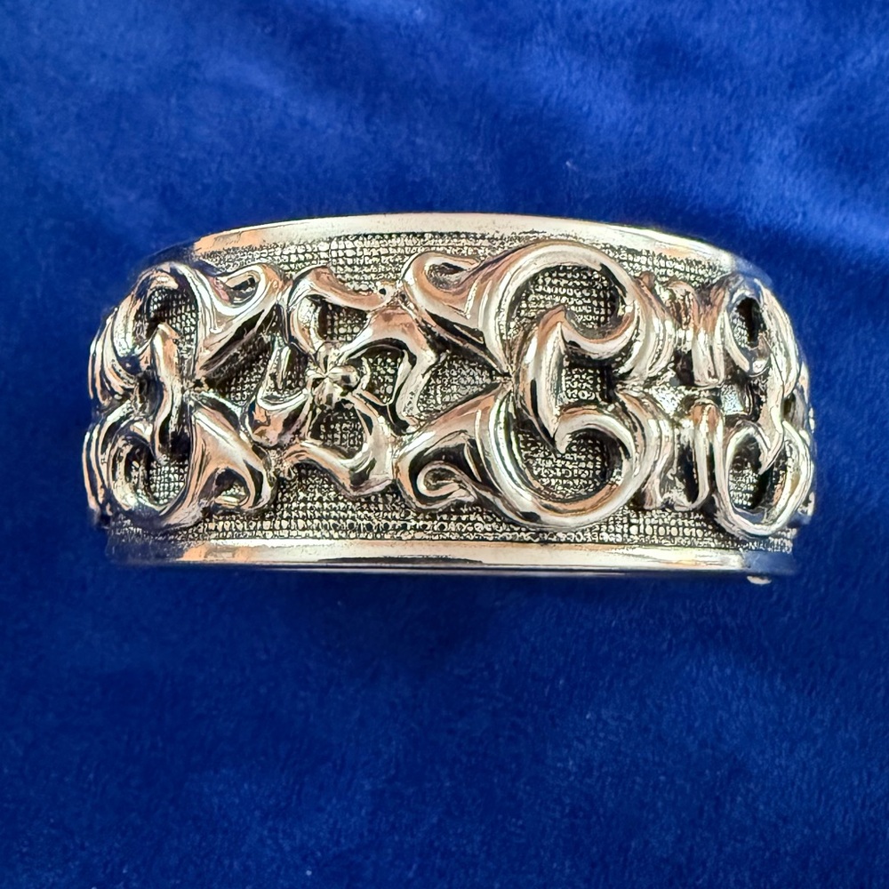 Silver Etruscan Scrollwork Filigree Statement Cuff Bracelet - Silver